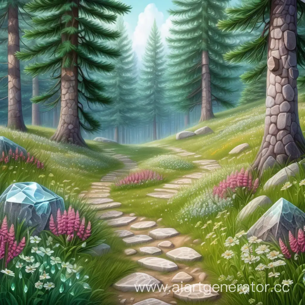 Хвойный лес с цветами и травой с кристальной маленькой тропинкой смешанной с камнями