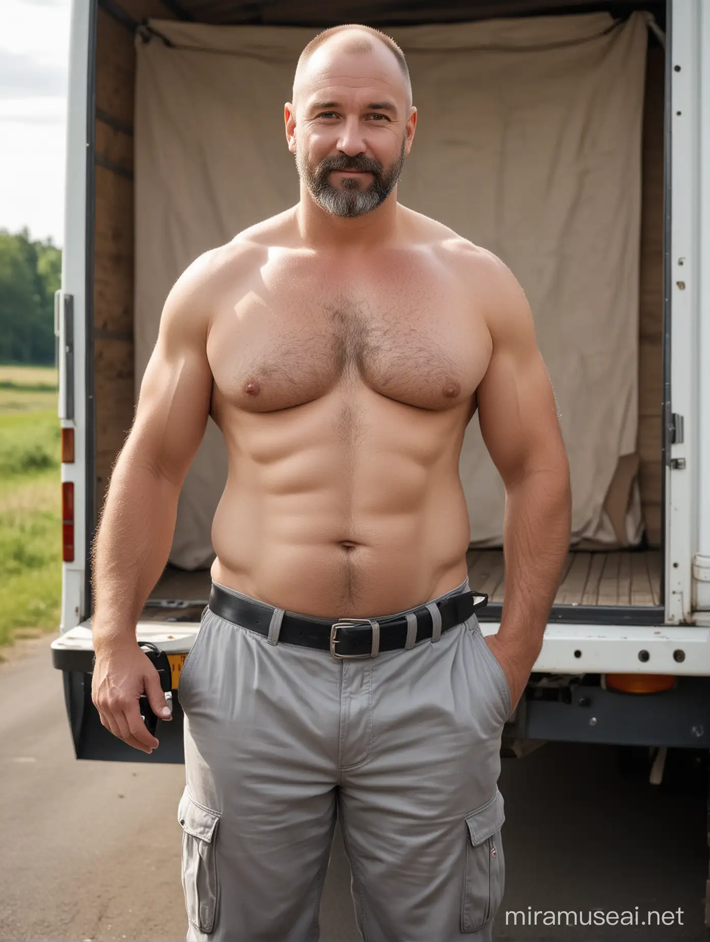 Realistic Photo of Handsome Balding Finnish Trucker Daddy Poses Shirtless on Sunny Day