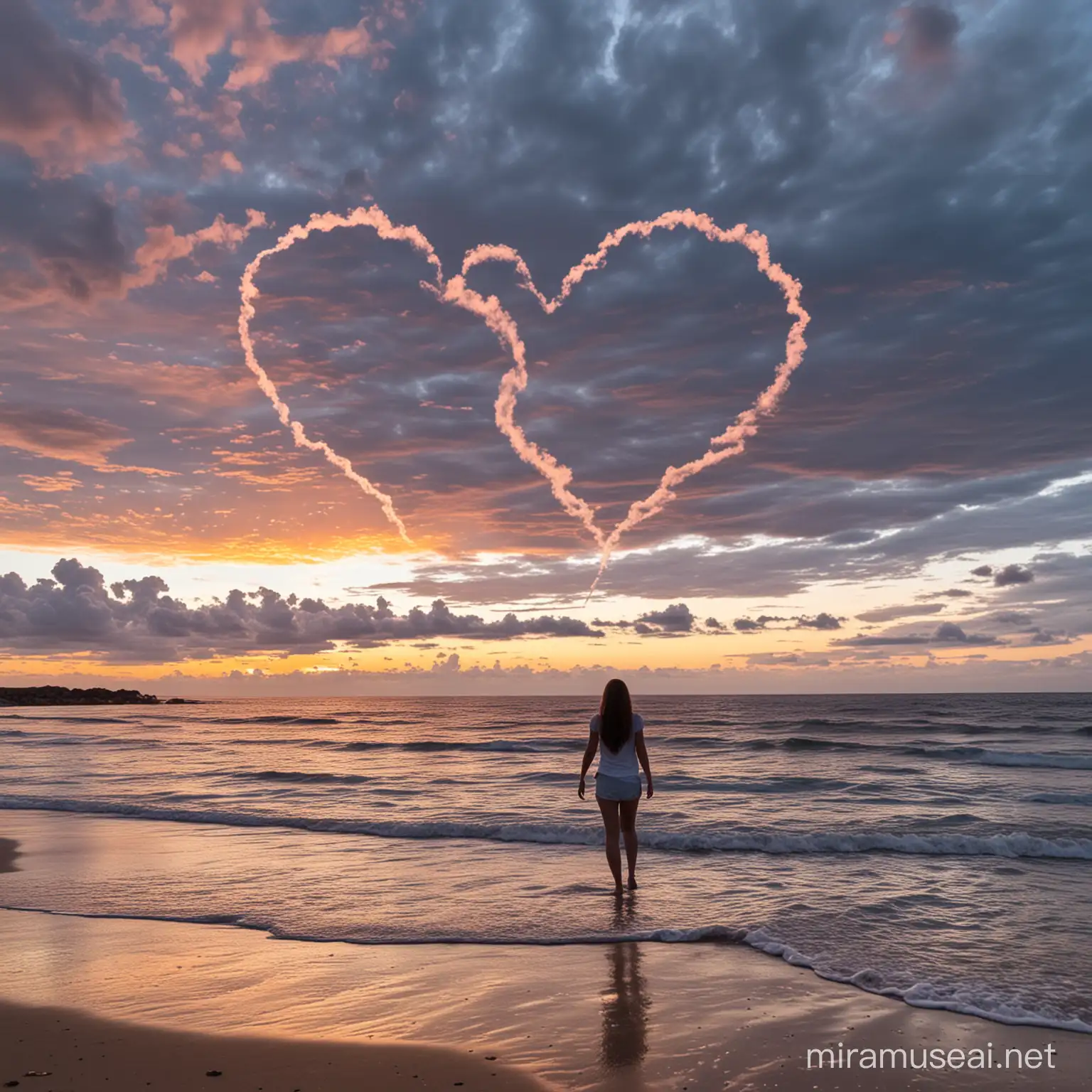 girl in the distance on a beach at sunset with heart shaped clouds 
