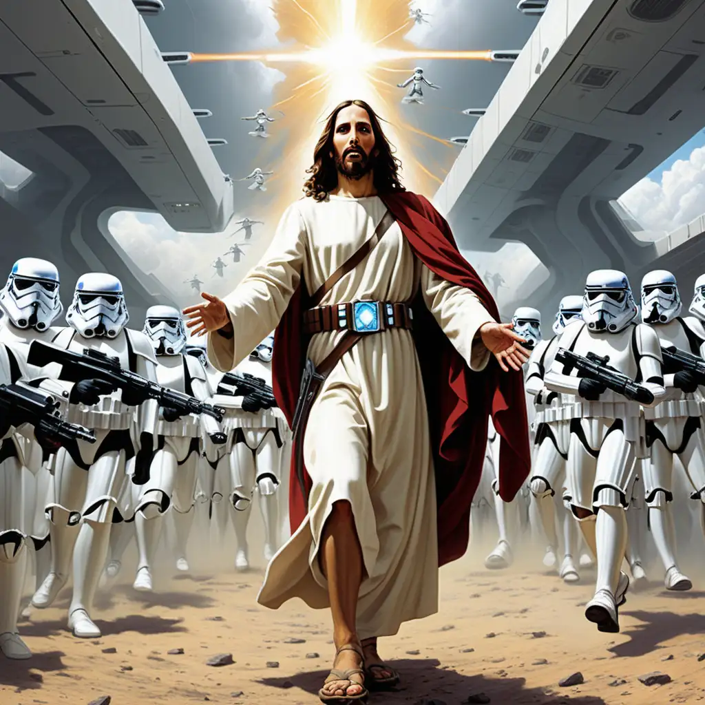 Futuristic Jesus Leading a Revolution Against Storm Troopers