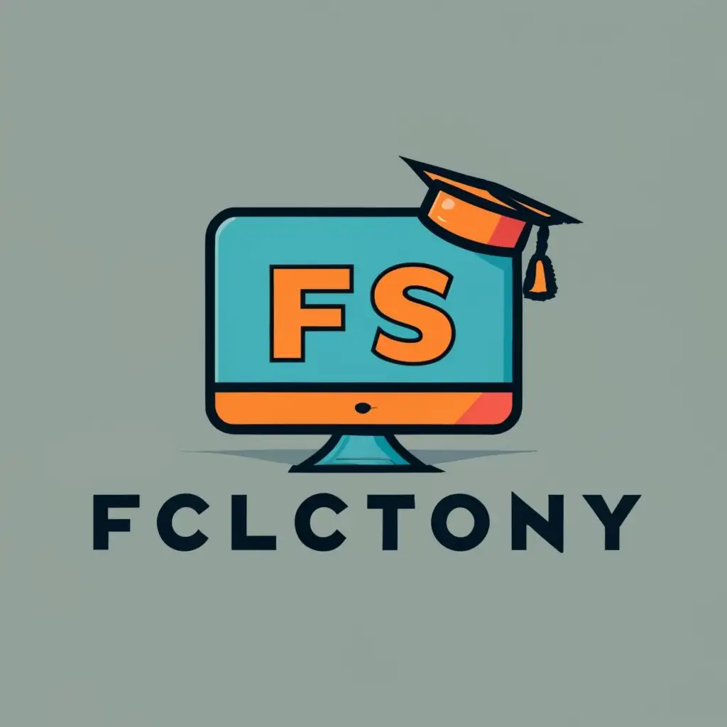 logo, indicated computer monitor with flat base and small graduated cap on top, with the letters "FS", colors blue orange on background white, simple, typography, be used in Education industry