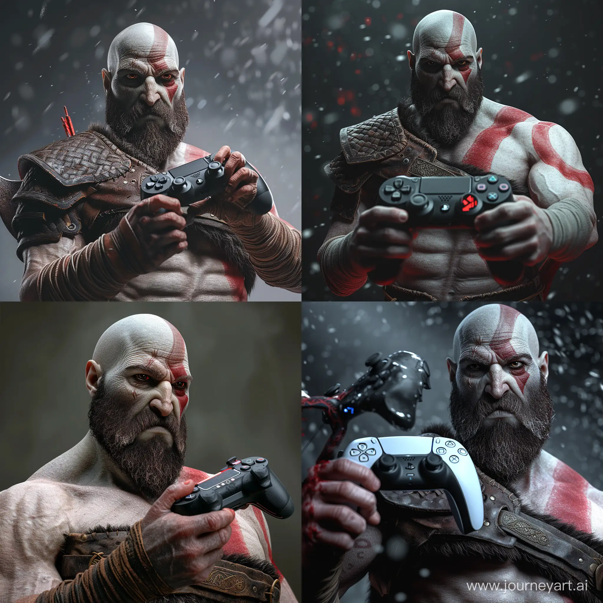 Kratos from god of war holding a ps5 controller, photorealistic, 8k