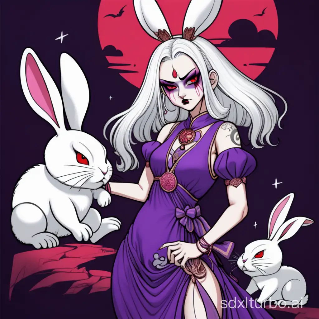 an evil beautiful white asian Moon Lady with punki makeup dress with purple dress have a wild angry white bunny have red eyes cartoon style


