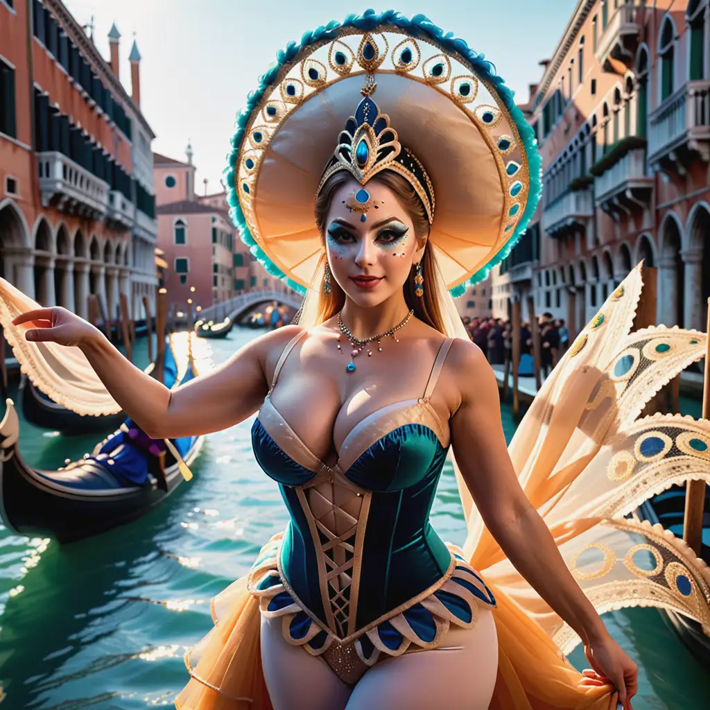 At the Venice Carnival, the dancers are beautiful with big breasts, round bottoms, fit and muscular, who impress the spectators. In the romantic atmosphere of the ancient city, the dancers perform in elegant and ornate costumes that emphasize their muscular figures and attractive appearance. The girls enchant the audience with their sophisticated and charming dance, while the atmosphere of the carnival permeates the air. The lights and shadows of the Venice Carnival create a special atmosphere in which both the dancers and the city captivate people. Photo by Mario Testino with Leica Q2 camera and 28mm lens, award-winning photography style, Cinematic Lighting, 8K, Ultra-HD, Super-Resolution.