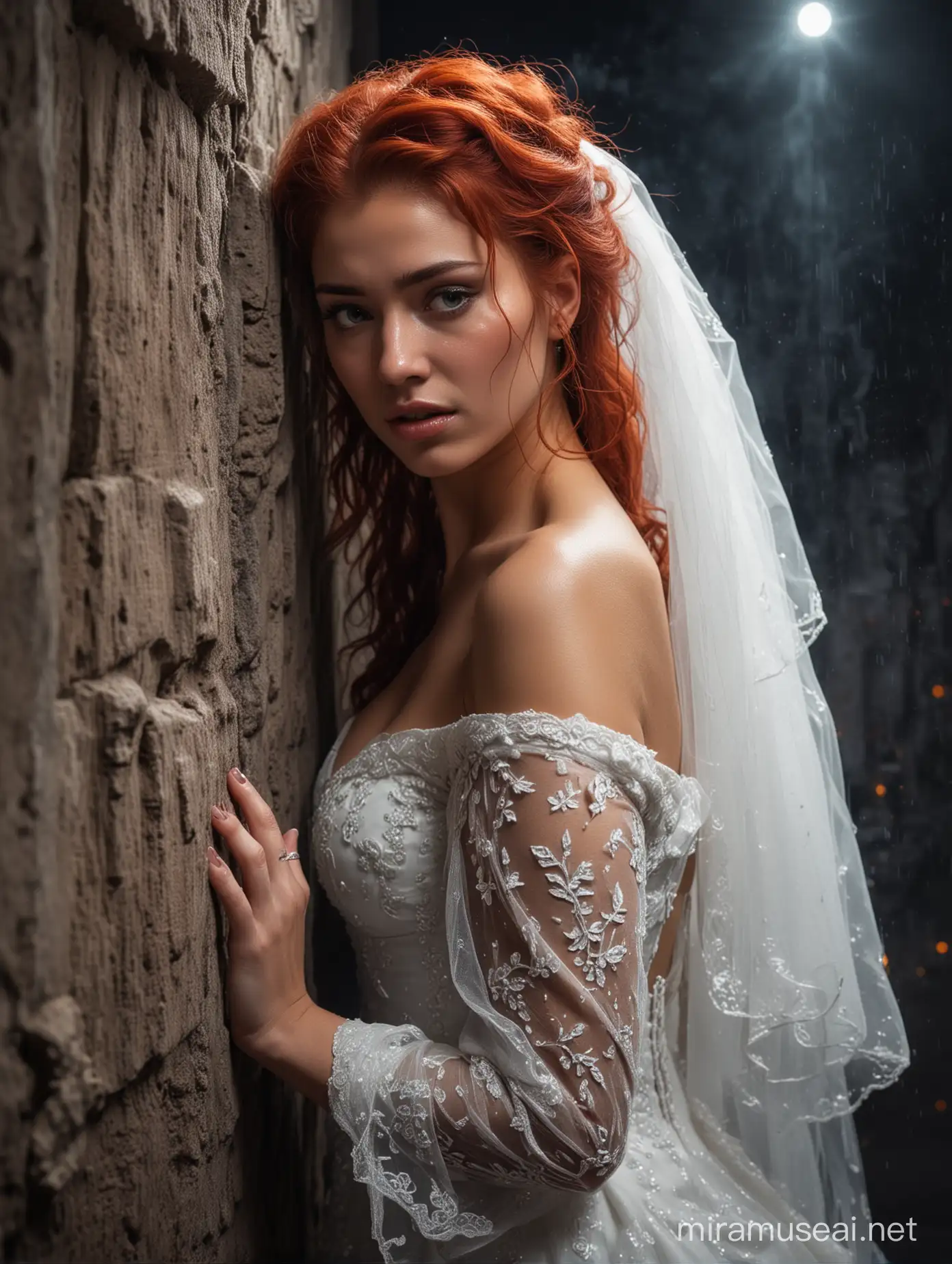 A beautiful red haur lady in a bridal tears, hiding behind a wall in tears, with a wicked young man standing close to the wall, searching at night