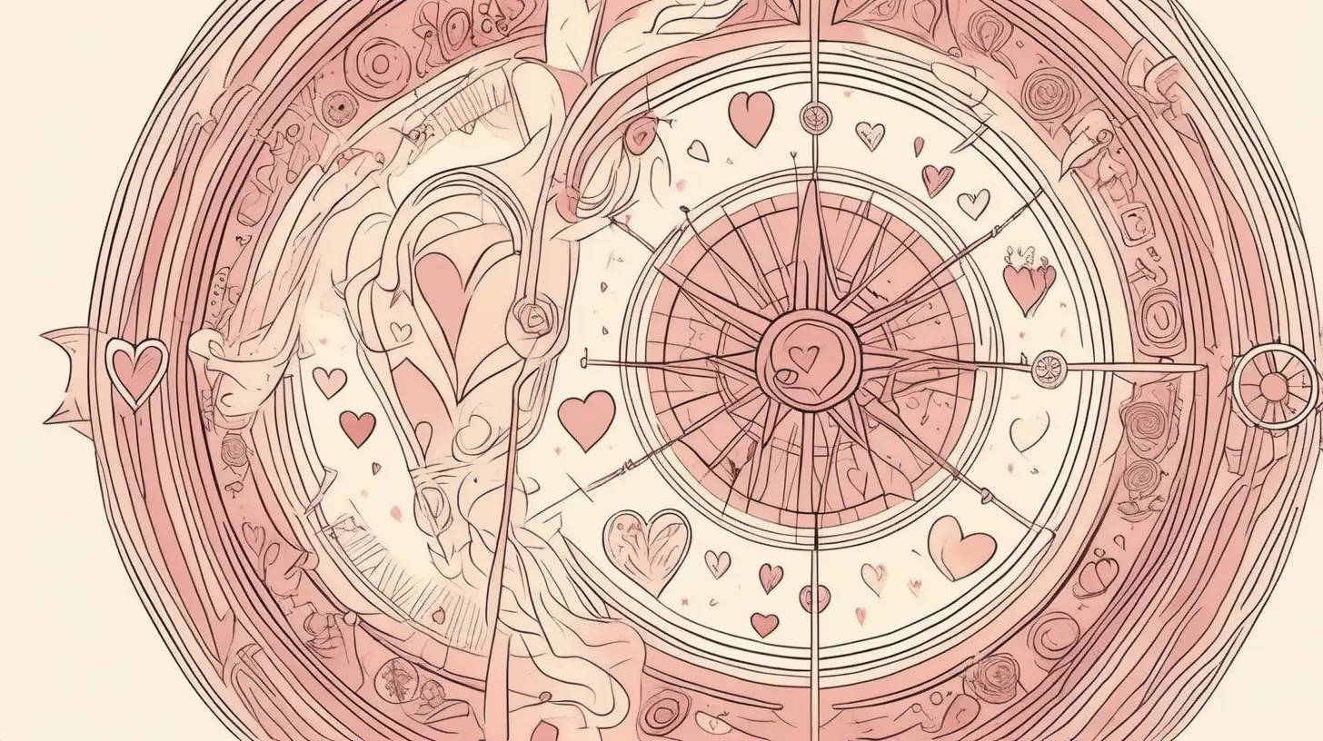 love , loose lines, muted color palette, , little flying hearts, astrological wheels, women and men, with banner in the middle of the wheel, white
