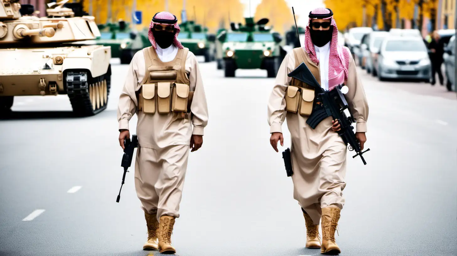 A person wearing a Saudi army uniform walking around Sweden. With weapons and tanks.