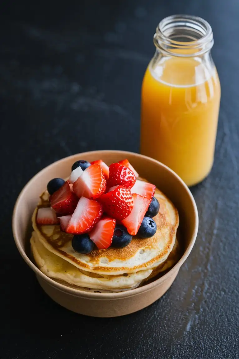 A pancake with diced strawberries and blueberries in a round brown food box, and a bottle of one orange juice on a matte black background