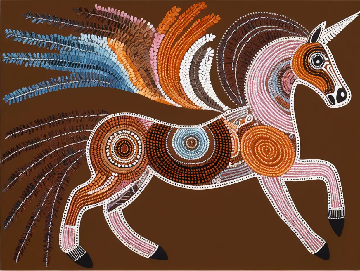 Pegasus Flying in Australian Aboriginal Pointillism Earthy Colors and Cultural Artistry