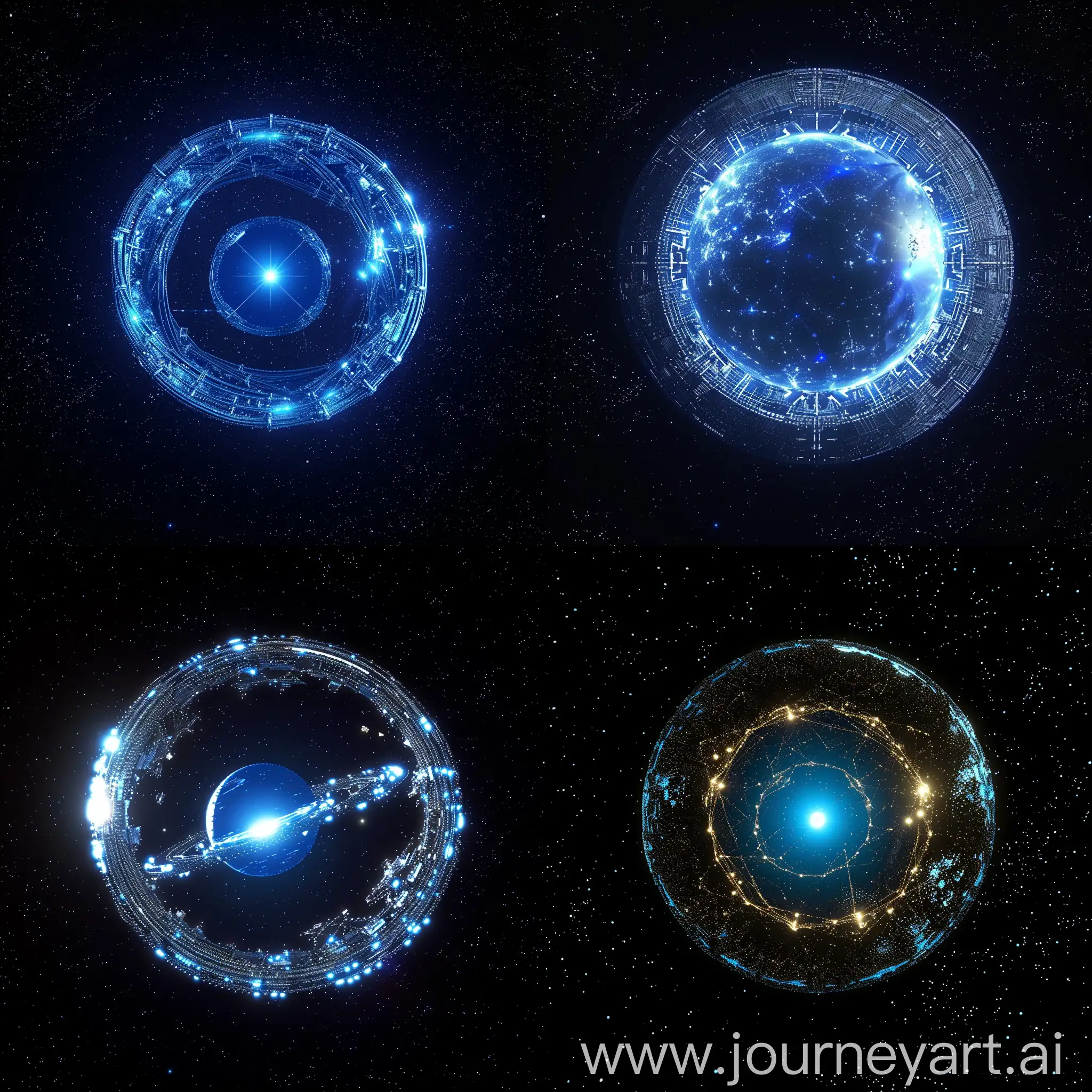 Erstelle ein Bild von einer Dyson-Sphäre, die um einen blauen Stern gebaut worden ist.