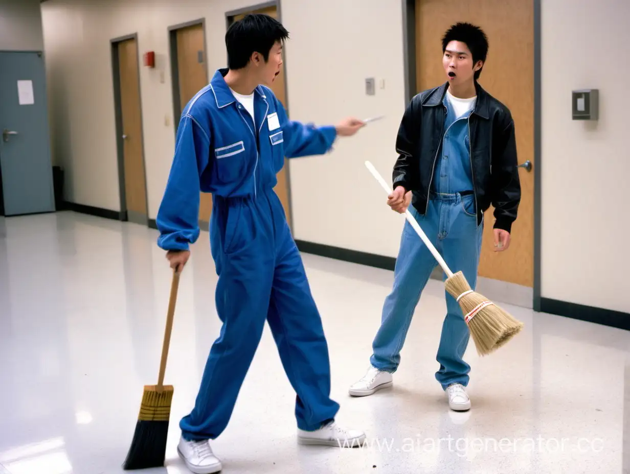 Asian-Janitor-Confronts-Teen-Smoker-with-Broom