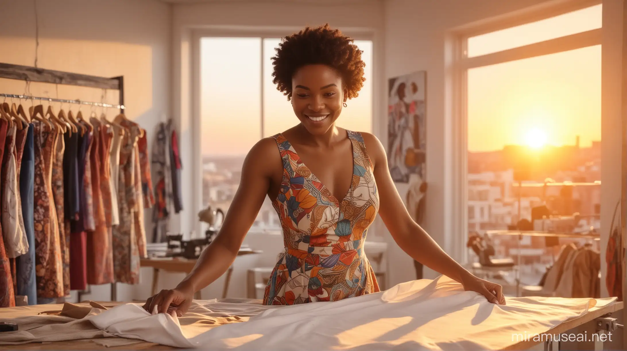 realistic image of a beautiful African American tailor woman making a dress in her shop against the backdrop of a beautiful sunrise with a smile on her face while she works