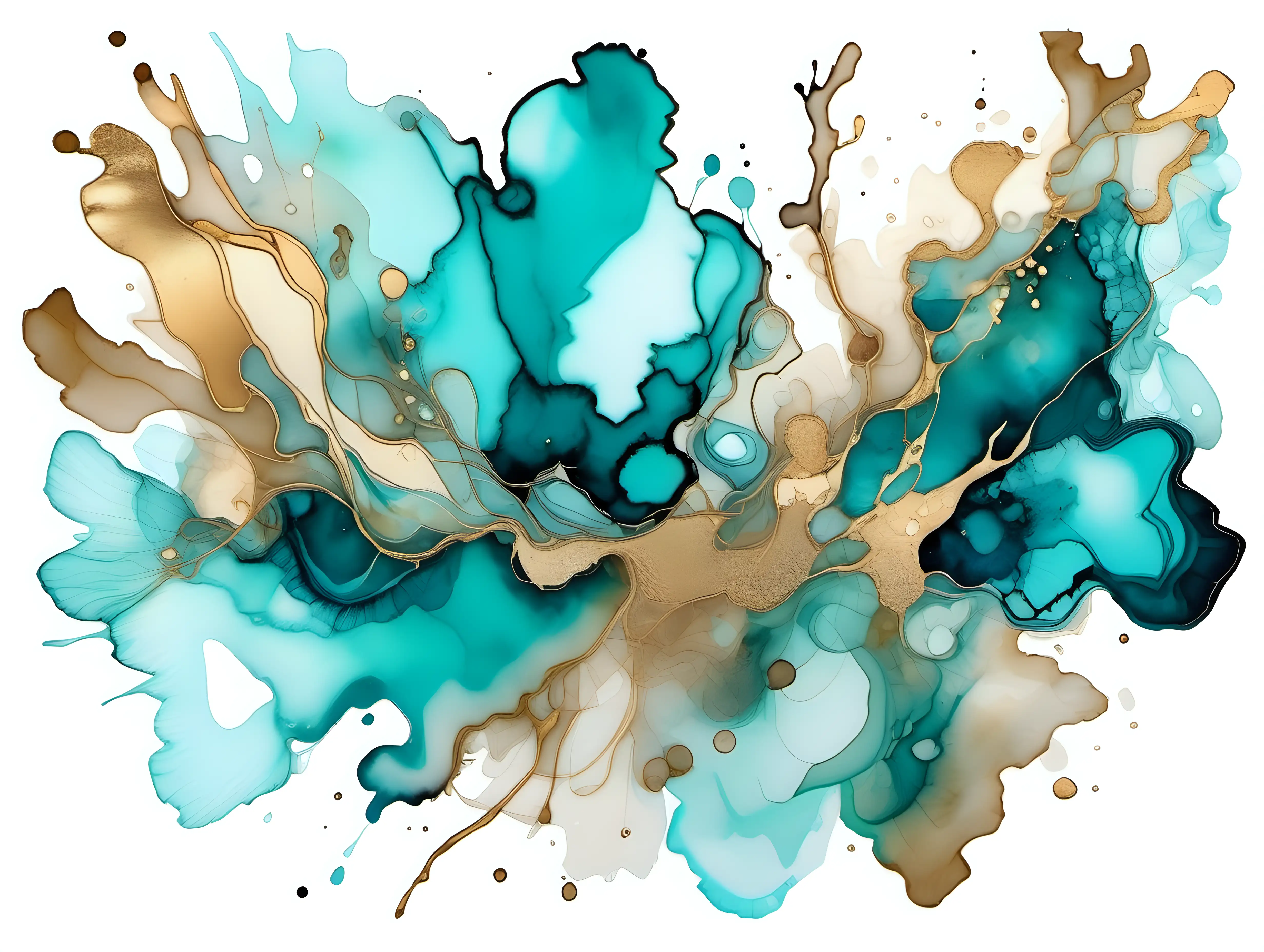 pale gold and turquoise alcohol ink watercolor abstract art,  isolated on a white background