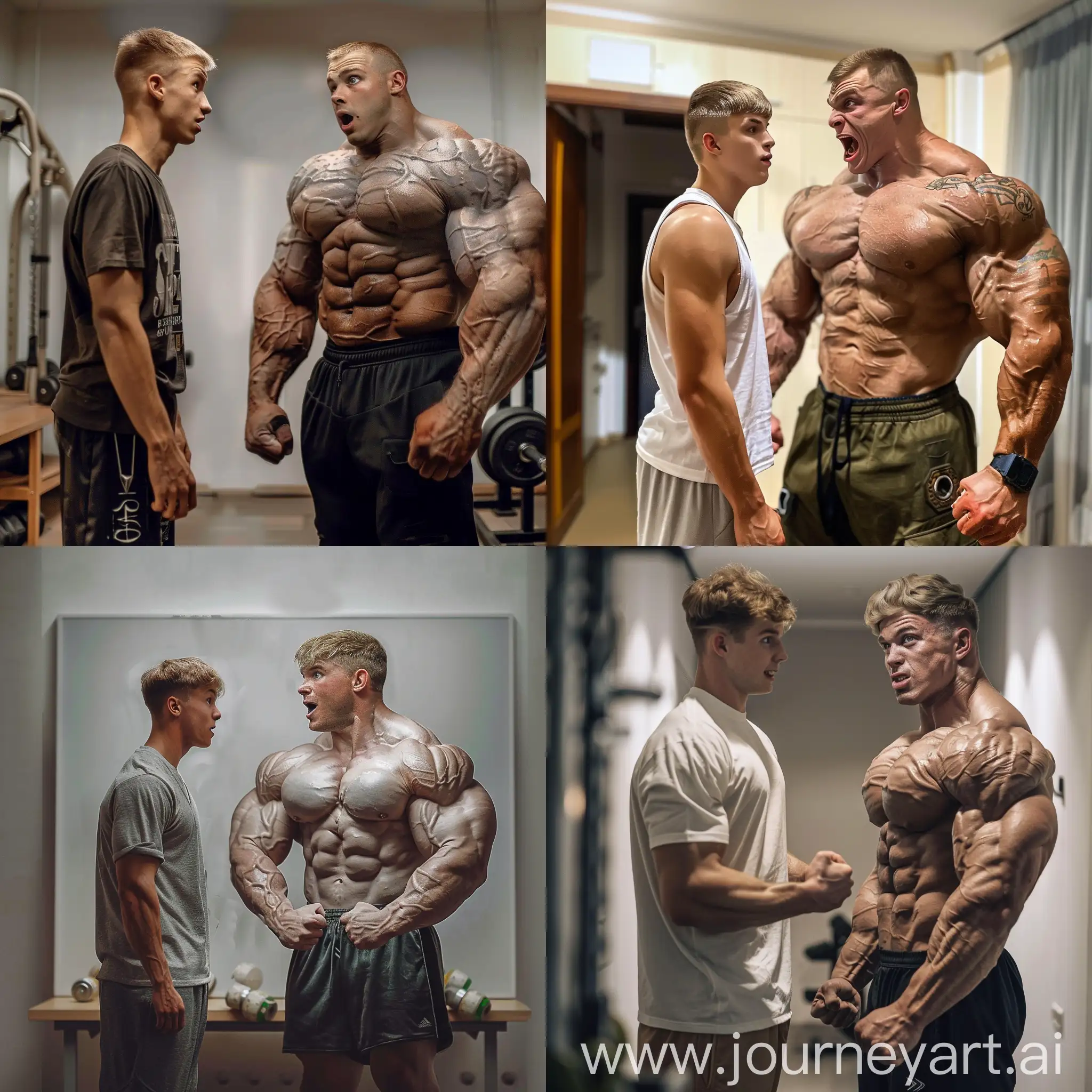 A thin young guy surprised facing his twin who has transformed into a massive professional bodybuilder 