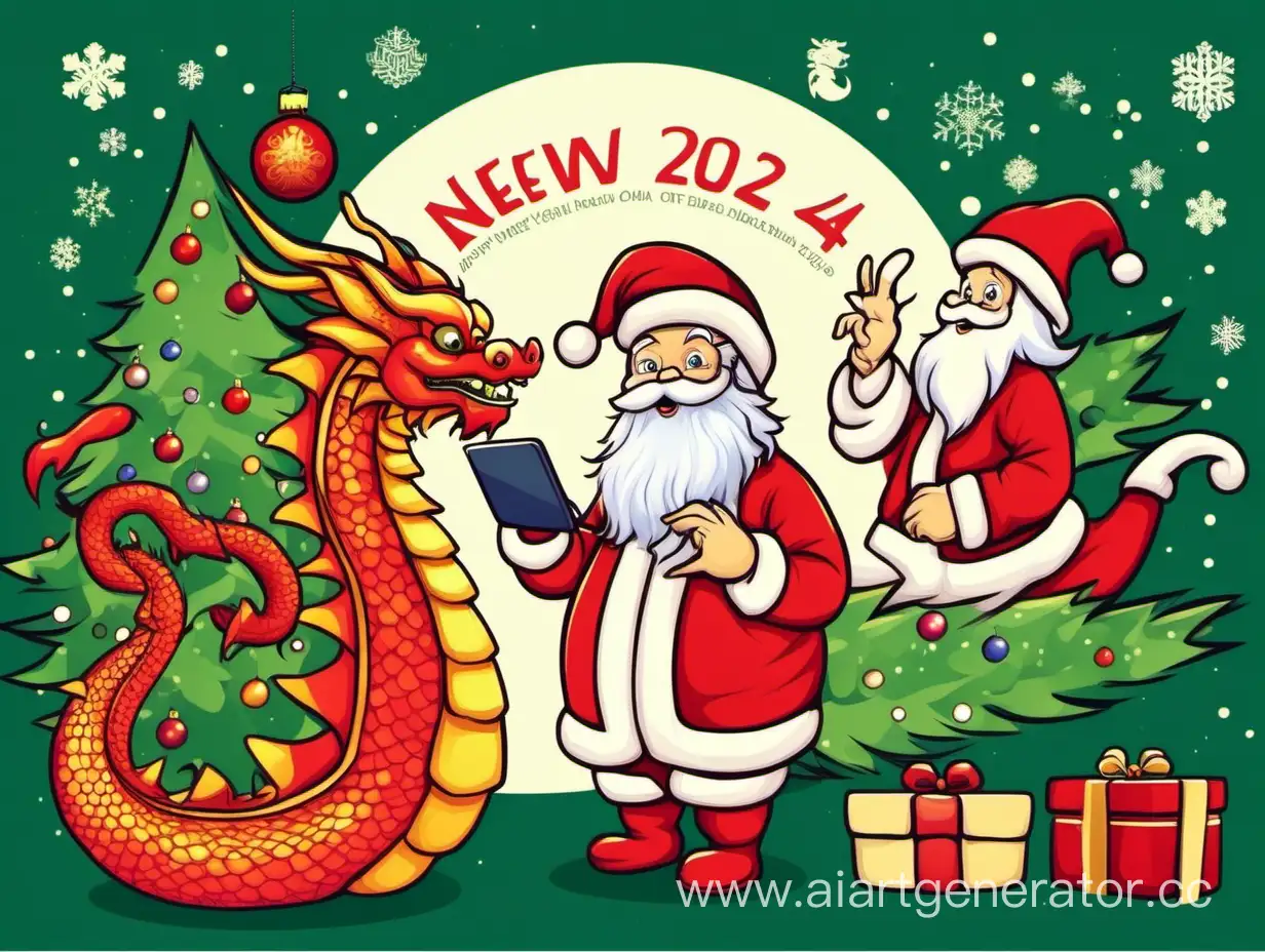 открытка с новым 2024 годом дракона с елочкой и дедом морозом в стиле оператора связи