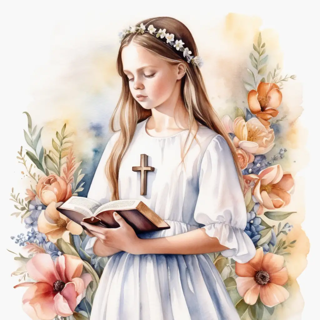 En flicka I vit klänning med en bibel i handen , ett blomsterkors bakom. Med vattenfärg 