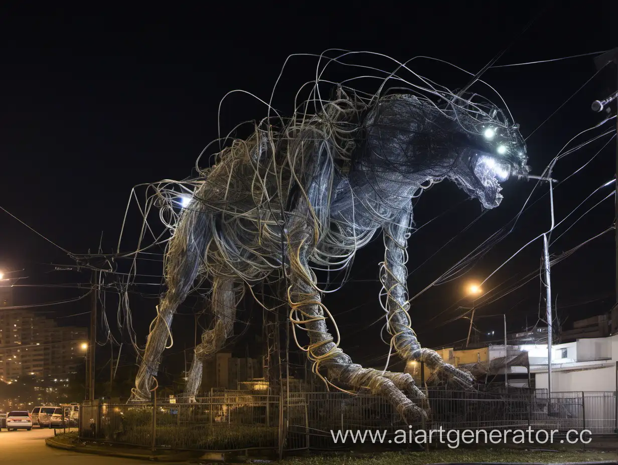 огромное существо из проводов питается электричеством ночью в городе