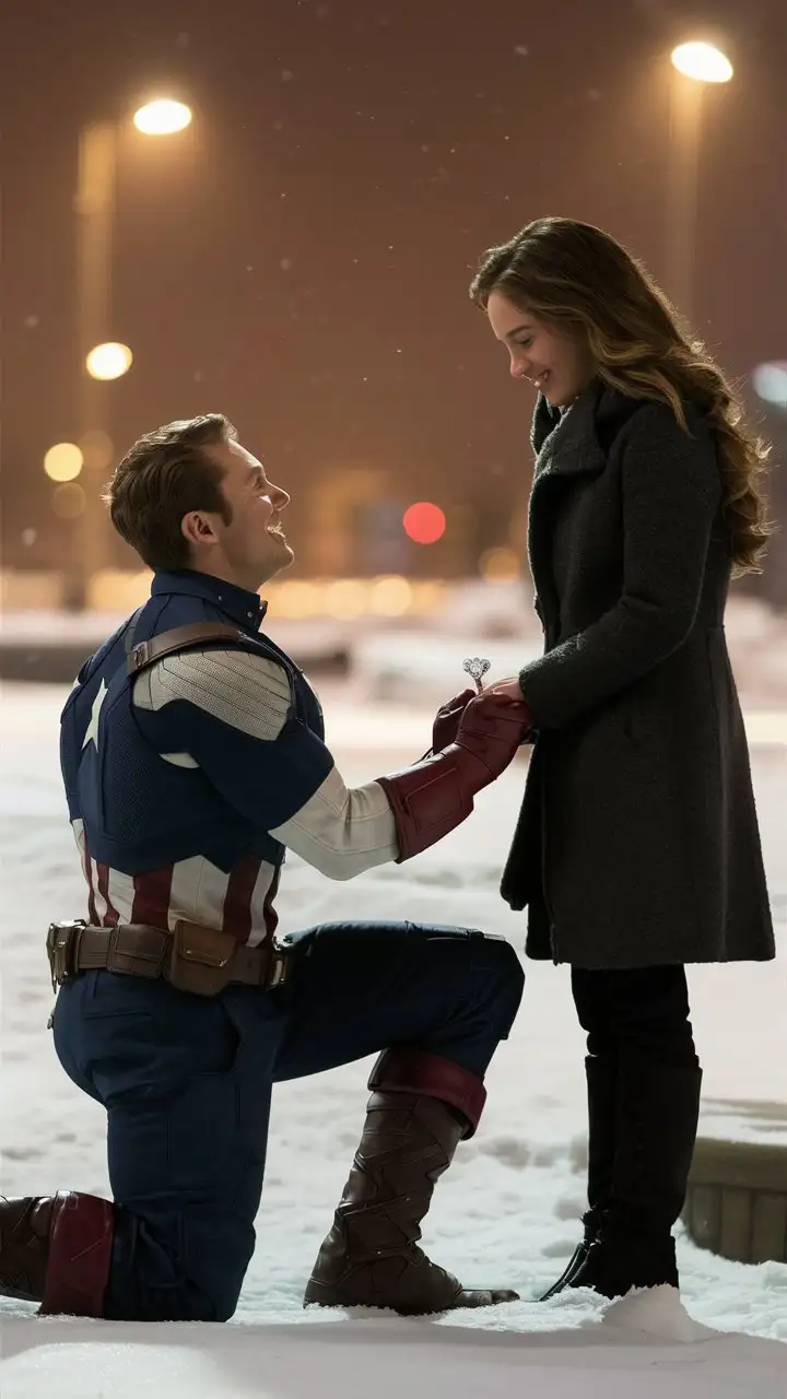 Captain America on his knees proposing to his girlfriend with a ring 