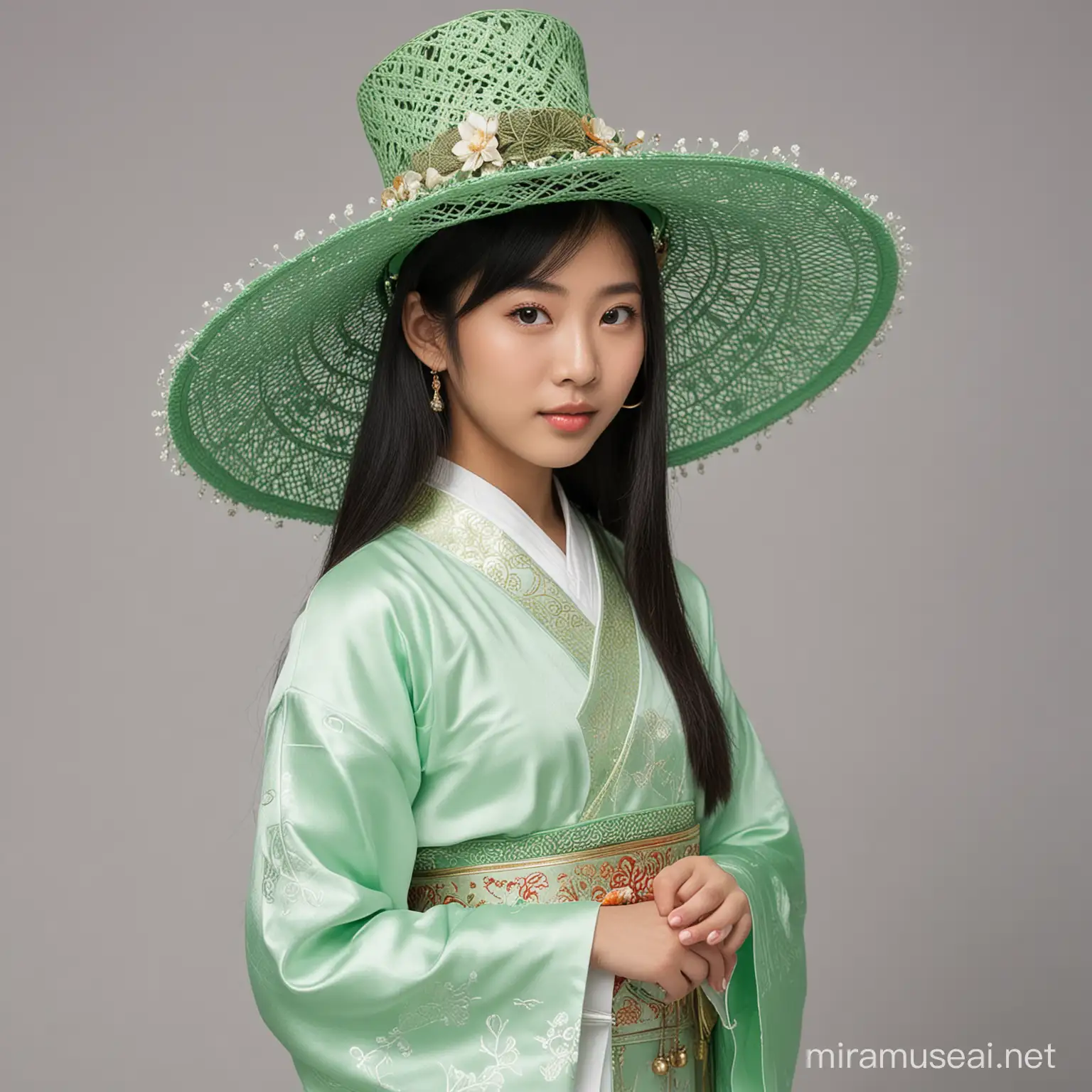 全身像，戴着绿色高帽的亚洲女孩，精致的五官，穿着传统的亚洲服饰