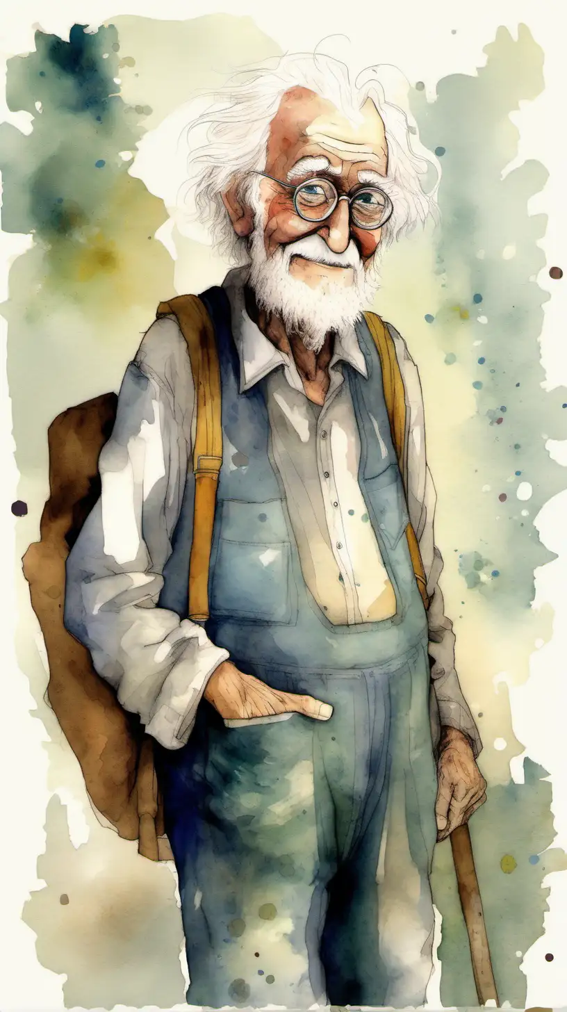 An elderly, kind-faced man with a twinkle in his eye that speaks of countless untold stories. He has a gentle smile and wears round spectacles. His hair is white and a bit unkempt, suggesting a creative and whimsical nature. He should be dressed in a painter's smock, splattered with multicolored paint. His posture is slightly bent, indicating age,town garden. use watercolor style, and full body