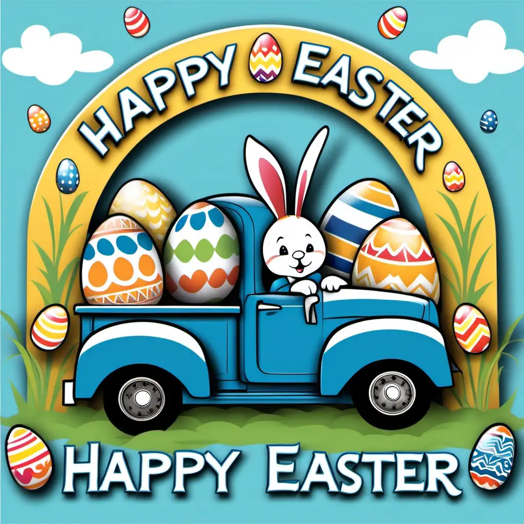 HAPPY EASTER , ARCHED LETTERS, EASTER BUNNY, BLUE TRUCK, NO BACKGROUND