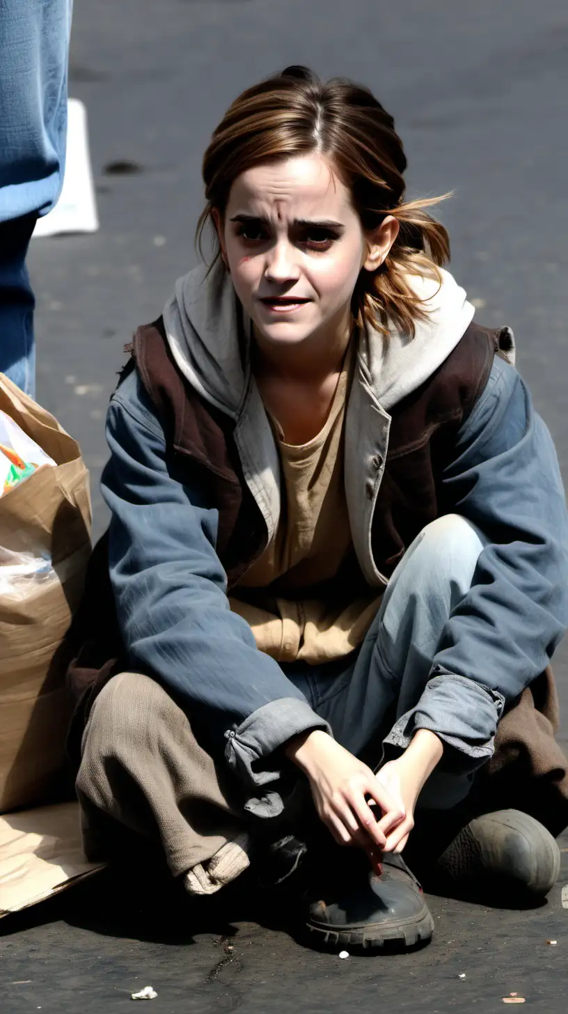 Emma Watson dressed as a poor homeless sitting at the ground and begging for food without smiling