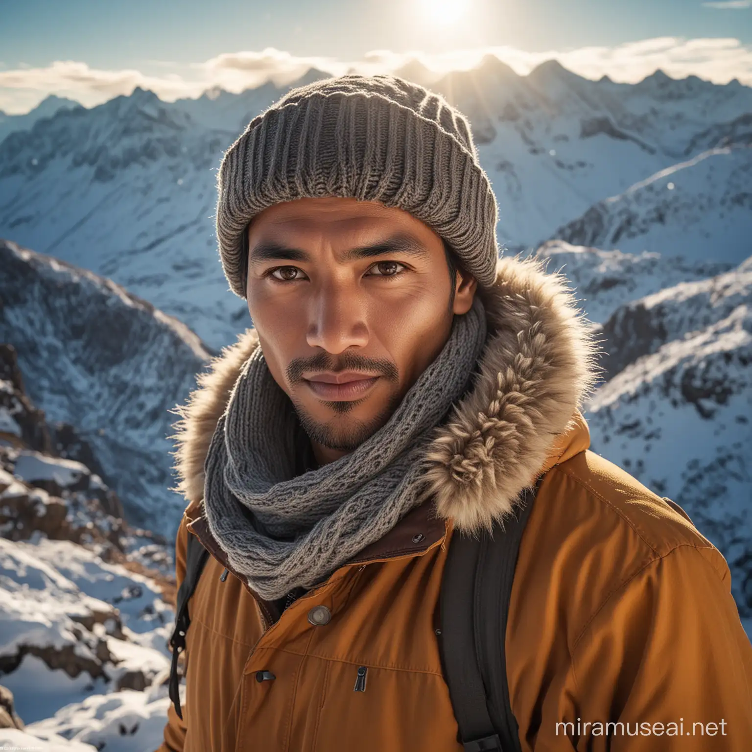 A 40 year old indonesian handsome men with a serene expression stands proudly atop a majestic snow-covered mountain, bundled up in warm winter clothes to shield against the chill. Their face with light skin, illuminated by the brilliant sunlight on this beautiful day, captivates the viewer with its genuine beauty. This stunning photograph, taken with a Fujifilm XT3 camera, captures every intricate detail of their features in astonishingly high resolution – an impressive 8k UHD RAW photo. The image carries a subtle touch of film grain, lending it a nostalgic feel. With a direct gaze into the camera, it brings forth a remarkable sense of intimacy and connection