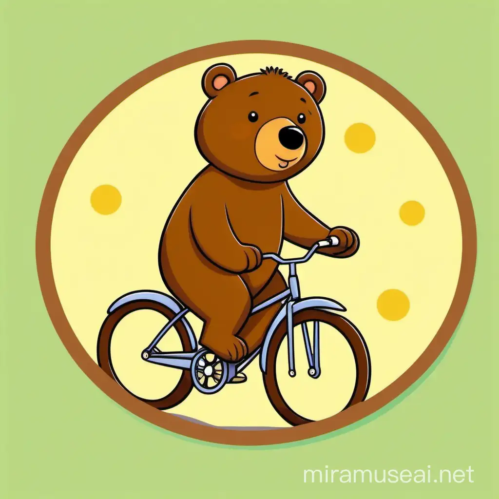 cute, adorable, cartoon-like brown bear, riding a bike, yellow circle in the background
