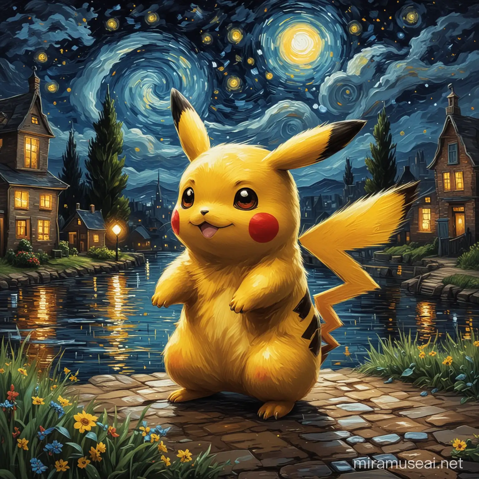 Pokemon painted pikachu in night scene Van Gogh style