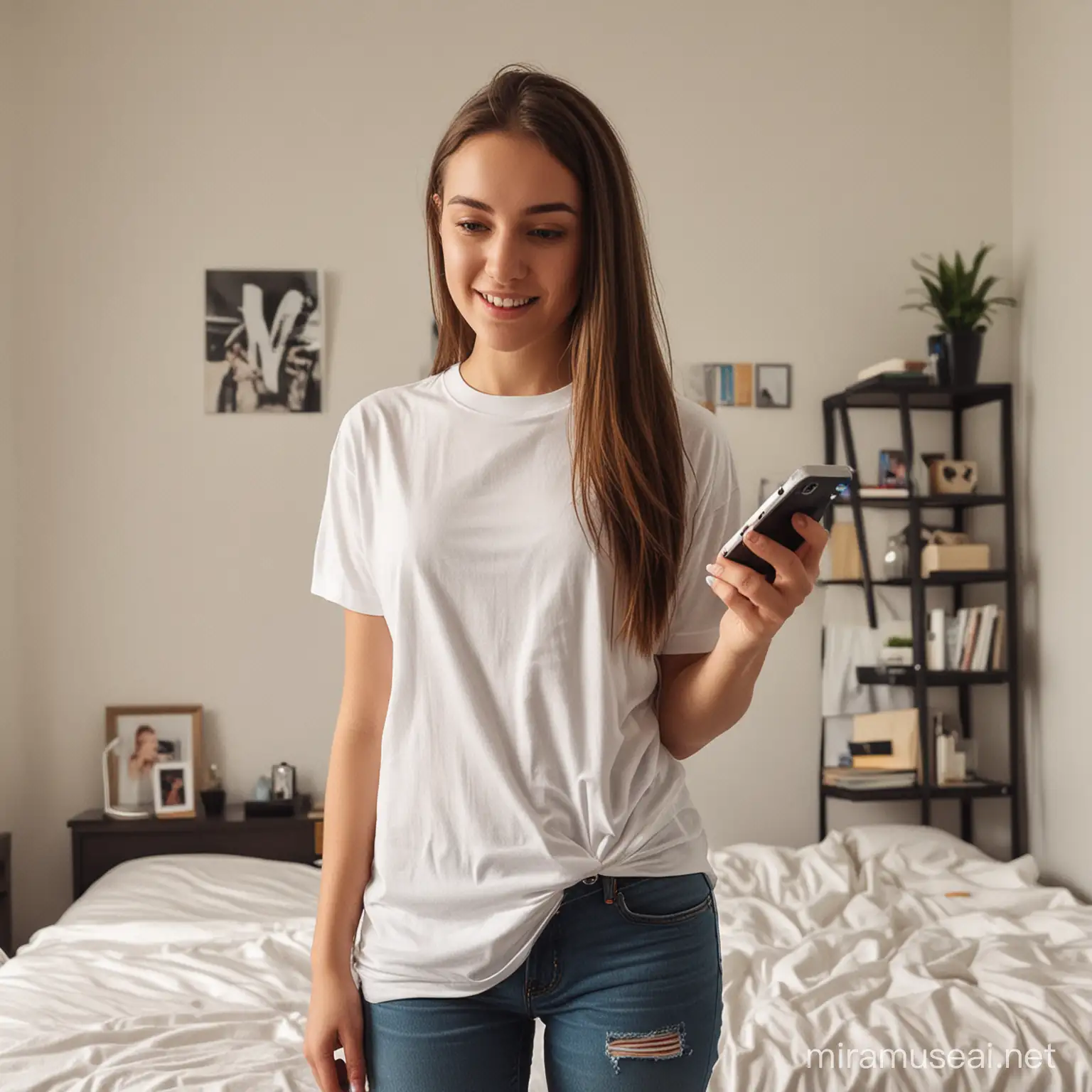 Teenage Girl Filming Herself with iPhone in Bedroom