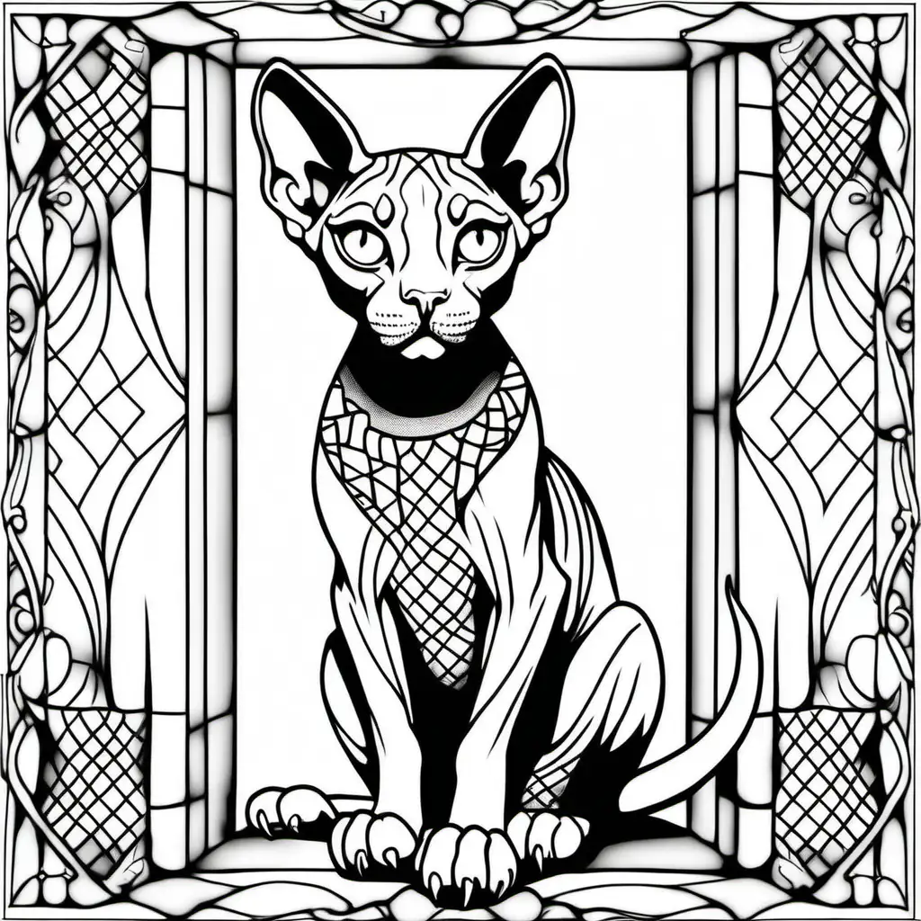 
Generate a coloring page featuring a sphynx cat with a regal expression. The cat should be depicted wearing argyle socks and sitting on a book in front of a window. The image should fill the entire 8.5 x 11 inch page in portrait orientation. Aim for a detailed and intricate design suitable for adults. 