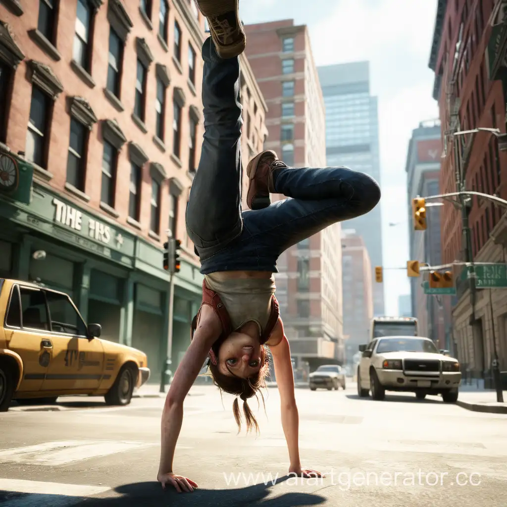 ellie from the last of us doing a handstand in the middle of the street in the city