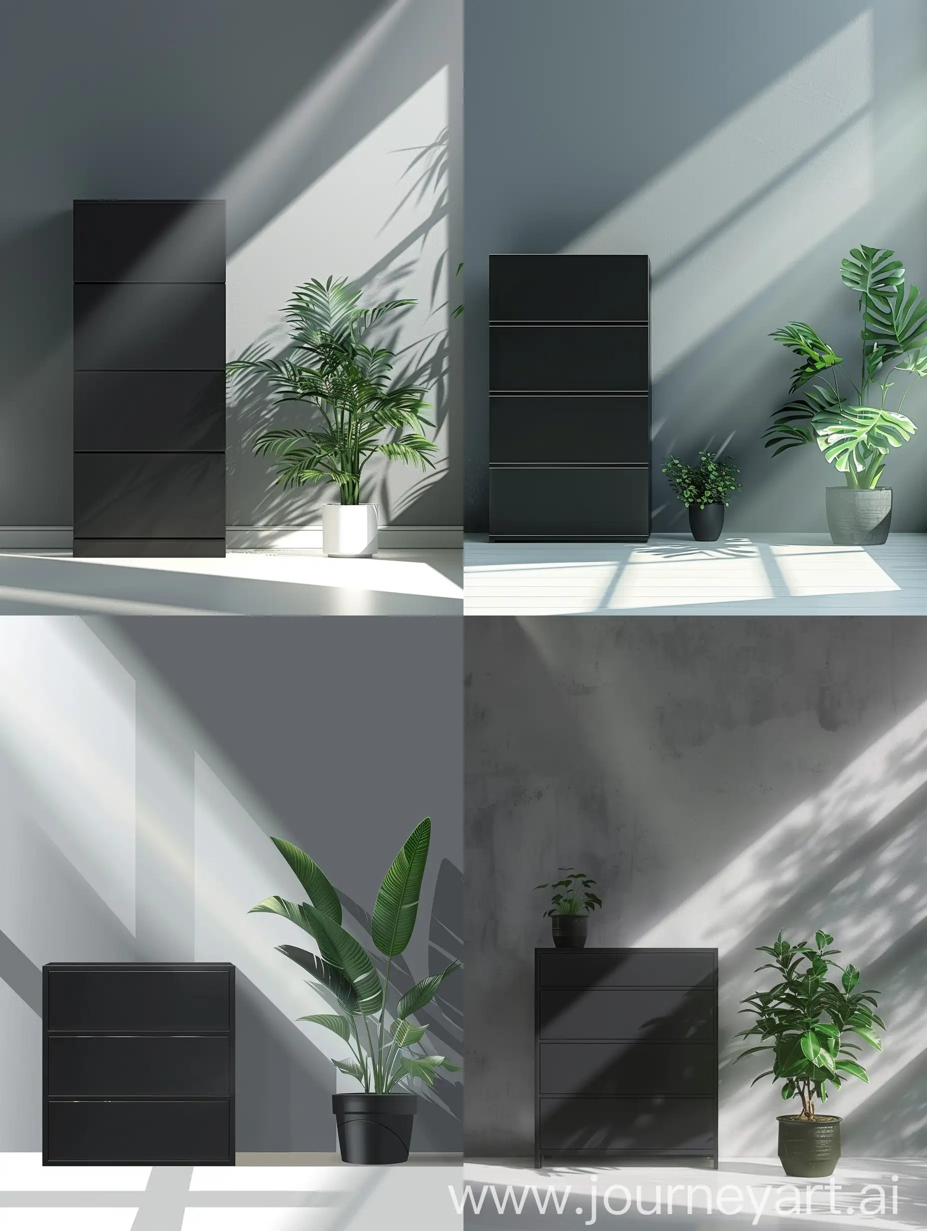 一个放在房间里的黑色三层柜子，灰色墙面，白色地板，柜子旁边由一盆绿植，有一束从窗户穿进来的光打在墙壁上，居中构图。柜子是轴测图视角