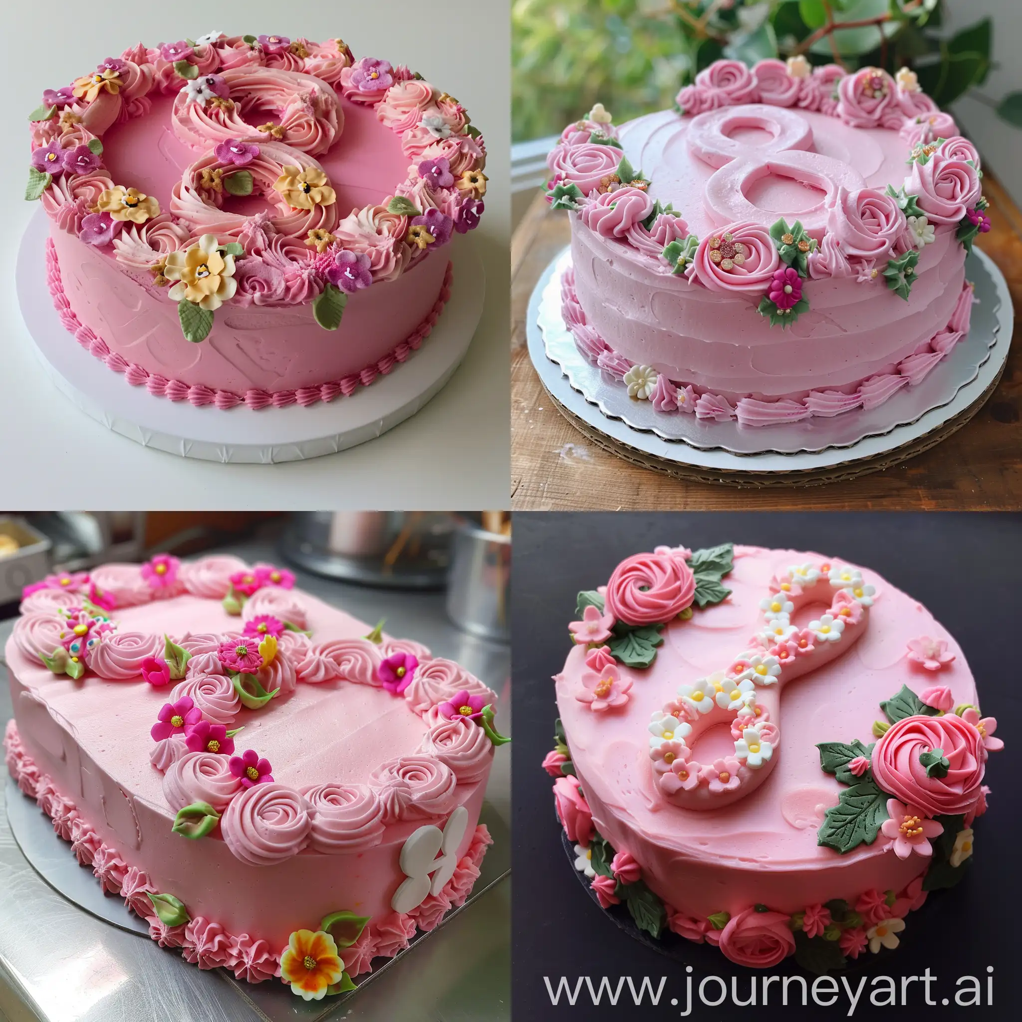 pink cake in the shape of an eight, with flower decorations, detalised