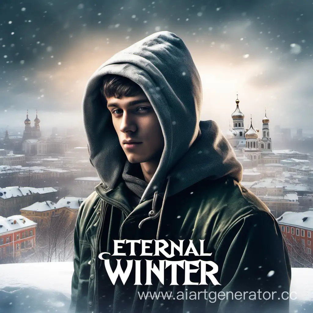 Сделай обложку к книге "Вечная Зима". На обложке молодой парень в капюшоне на спине на фоне  города. Над обложкой надпись "Вечная Зима" на русском языке