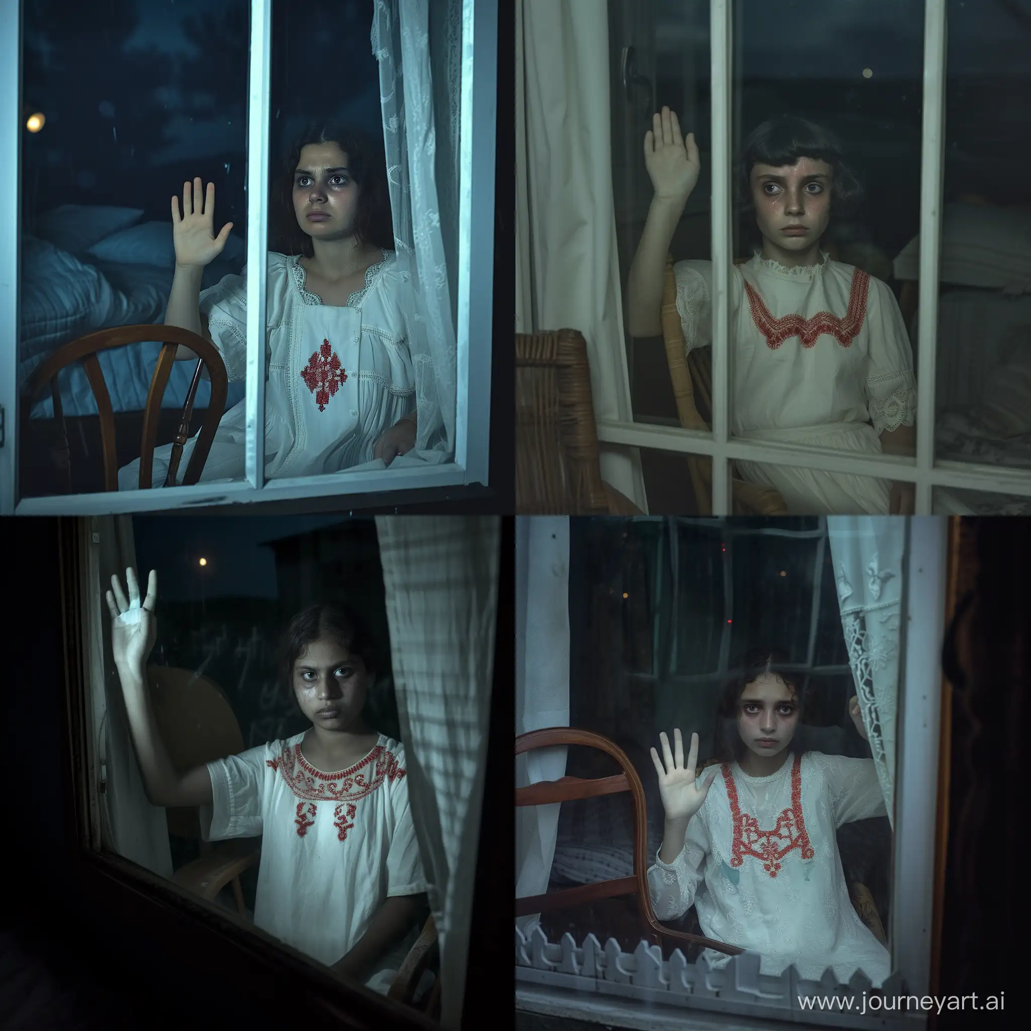 a girl looking outside by window, girl looking sad, certain is waving, white certain, the face of the girl is not looking clear, girl wearing a white frock having red embroidery on it, chair near the girl, there is a bed near this window, the lights are off of the room, night photodraphy, dark photography, moon light, scene is from inside of the room