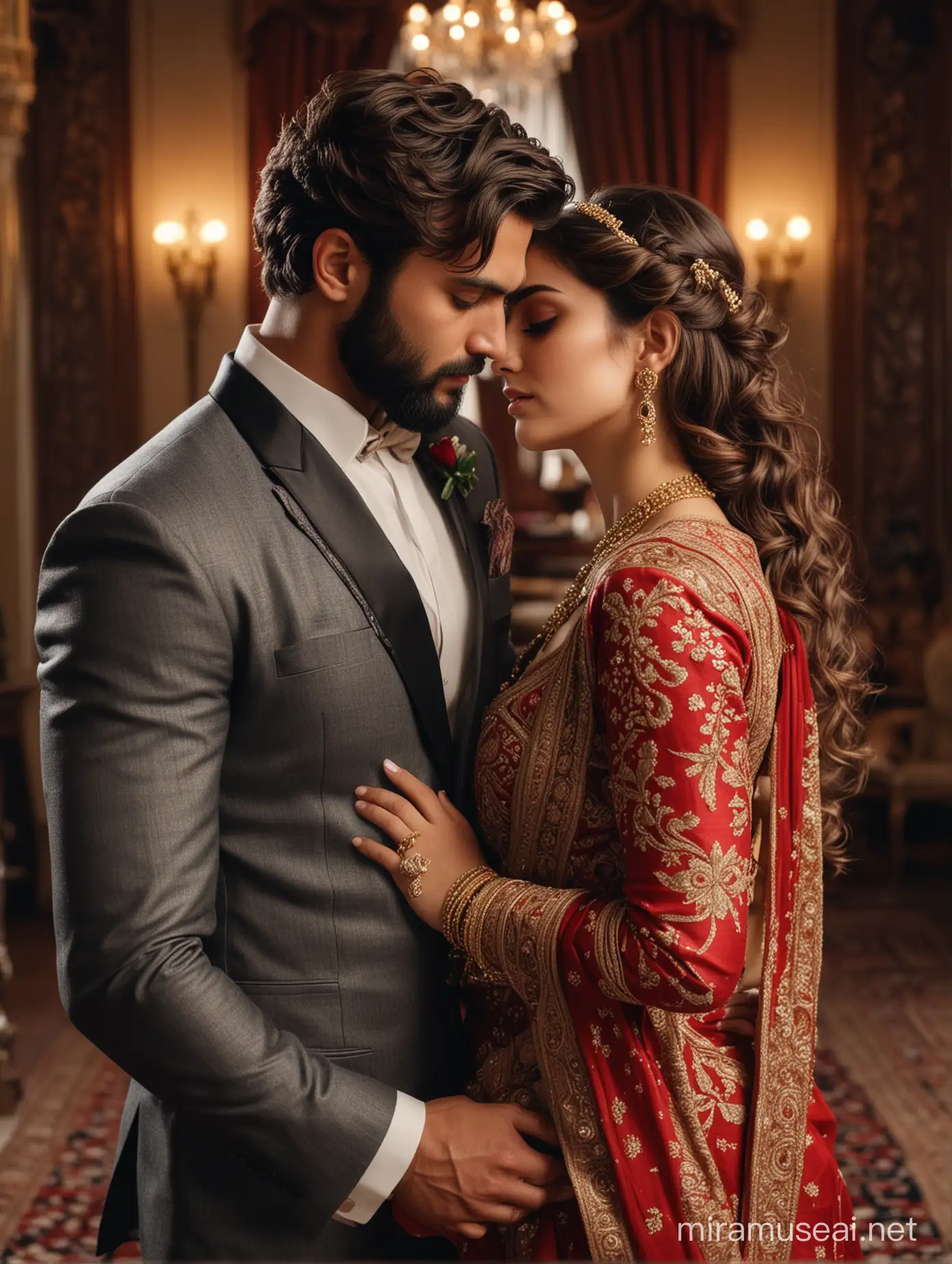 Embracing Love Beautiful Fusion of European and Indian Couple in Romantic Palace Setting