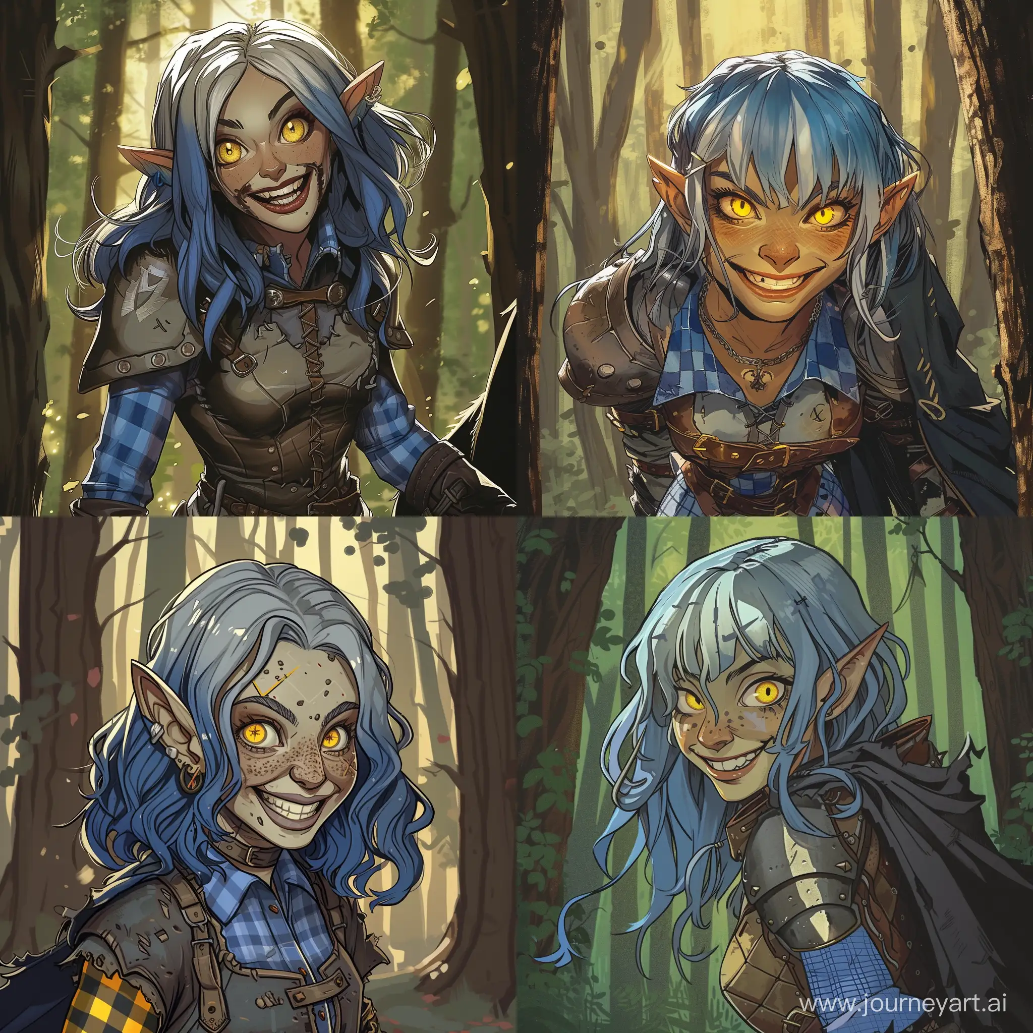 Draw a character from the Dungeons and Dragons universe according to the following description: She is an elf warlock with over the shoulder length blue hair with silver streaks and yellow eyes. She has light beige skin, and crazed happy smile on her young adult face.
This woman is dressed in a leather armor with blue checkered shirt underneath. There is a black cloak behind her back.
She is walking trough the woods searching for an adventure