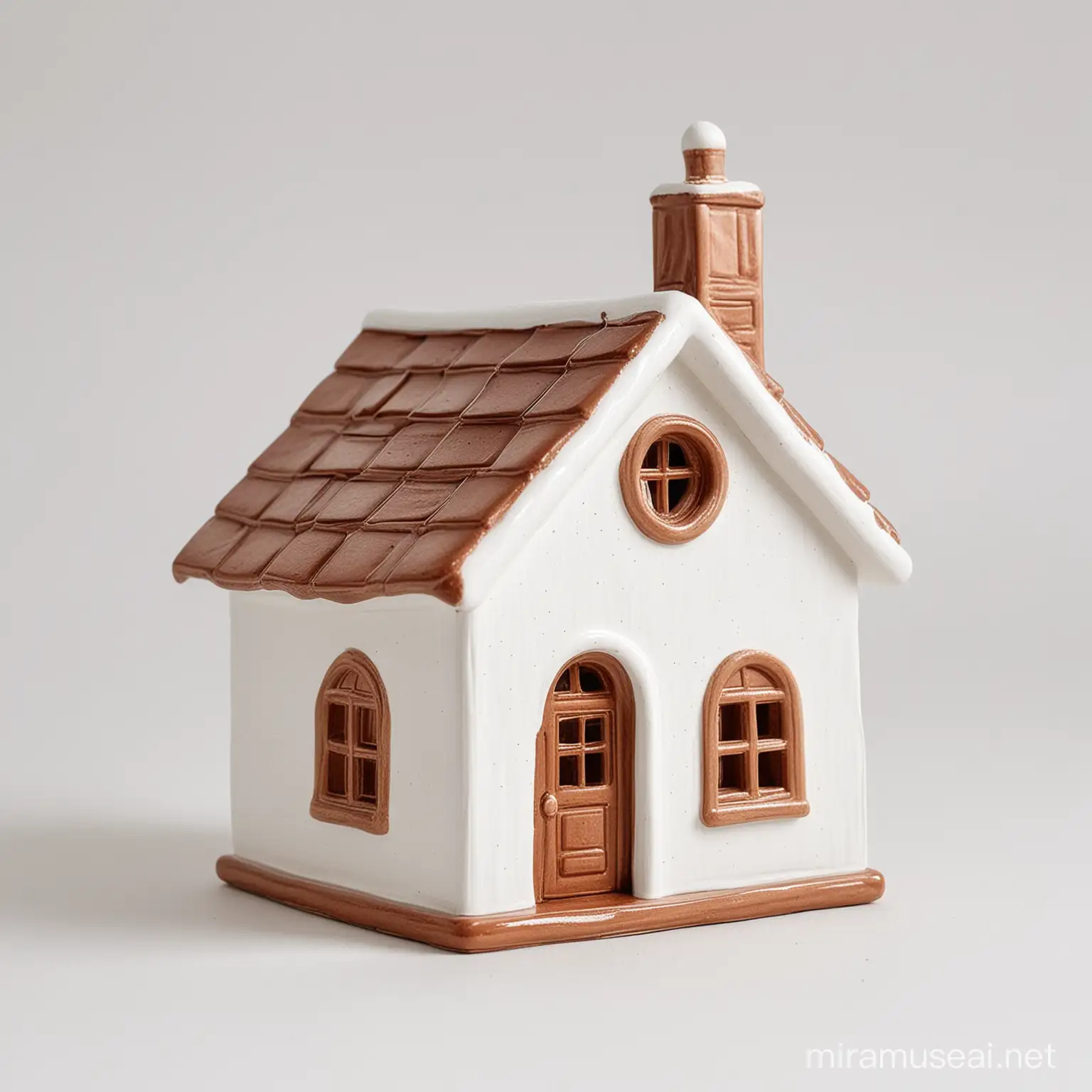 Cozy Brown Ceramic Christmas House with White Roof on a Pure White Background