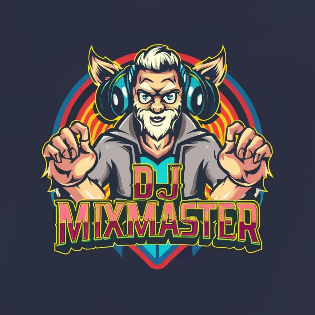 logo, cool mature man with wolf ears raving, with the text "DJ. MIXMASTER", typography, be used in Entertainment industry