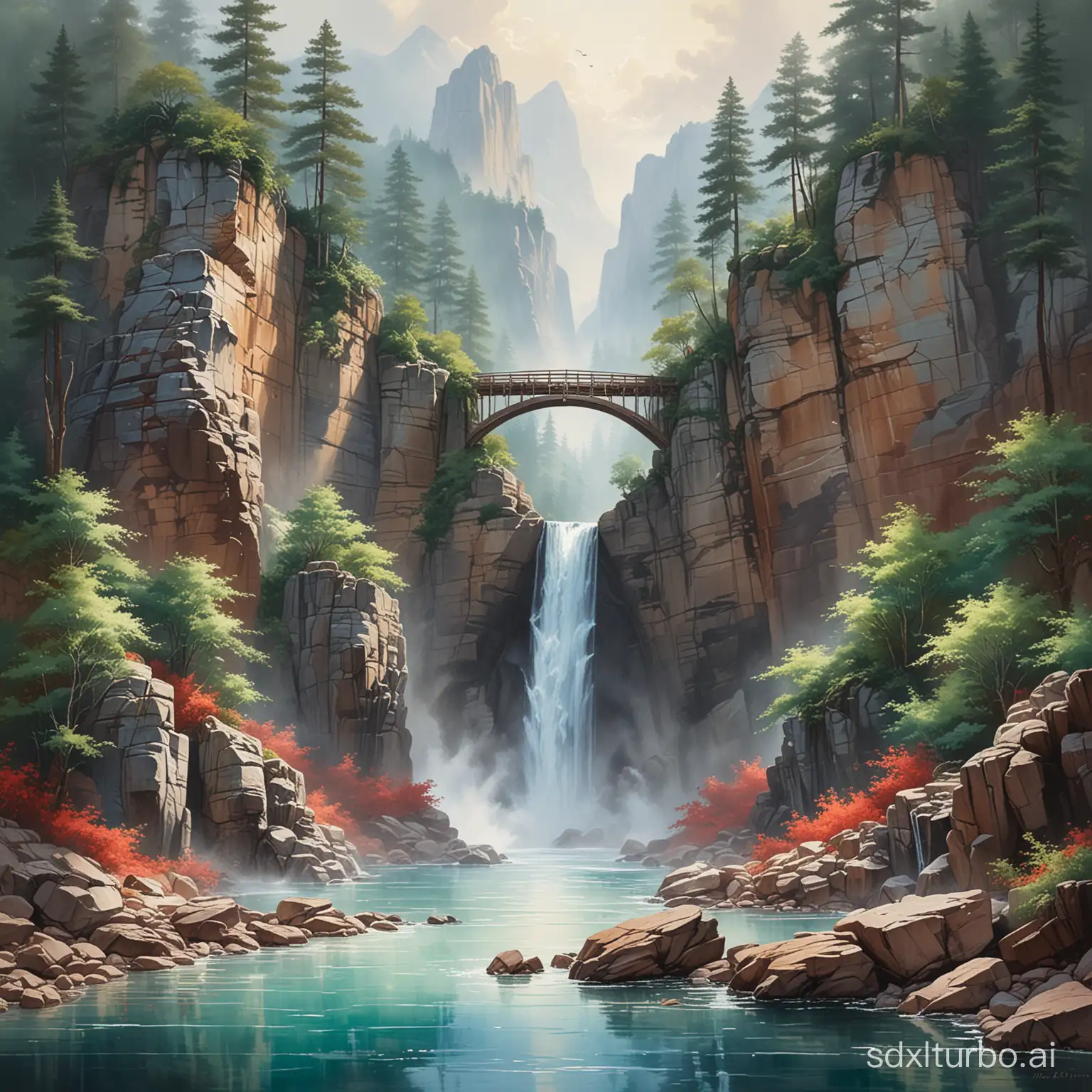 Emerald-Embrace-Majestic-Mountain-Range-and-Serene-Waterfall-Painting