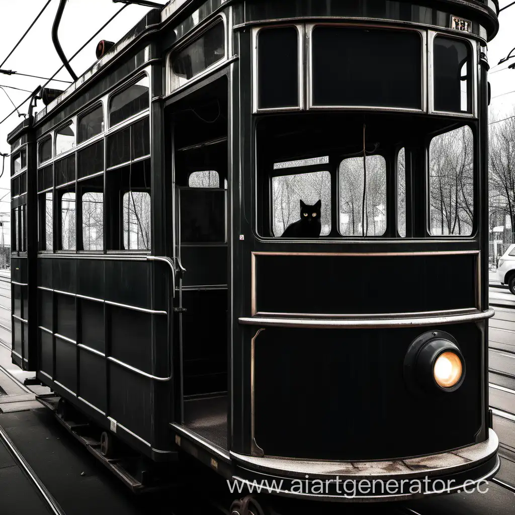 Старый, жуткий трамвай с черной кошкой внутри