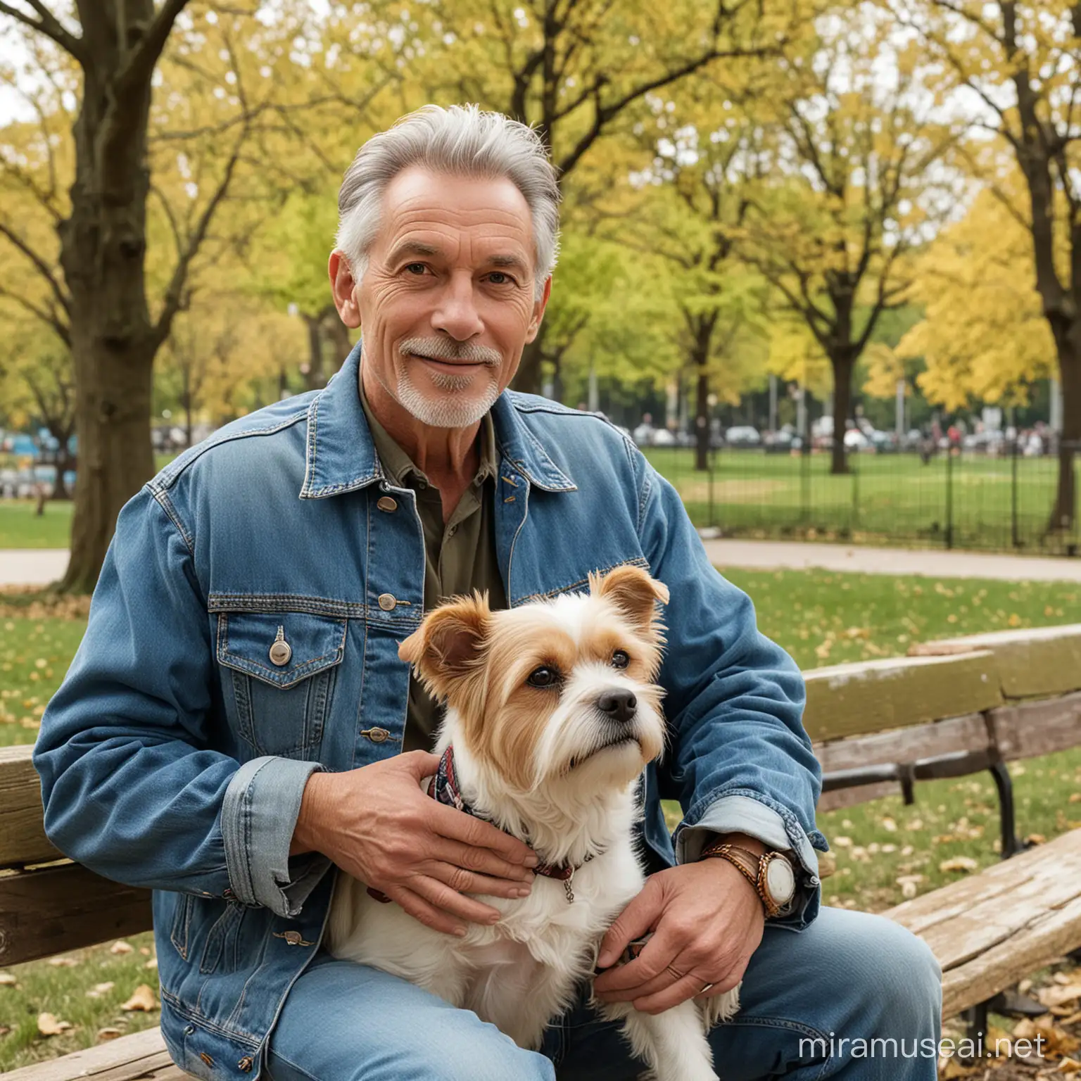 cool 60-year-old wearing a denim jacket in the park with his dog