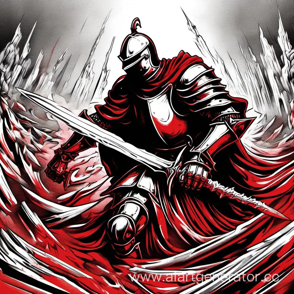 monochrome, red colors, aggressive drawing style, suffreing, pain, digital image, a single cruel knight attacks with a greatsword