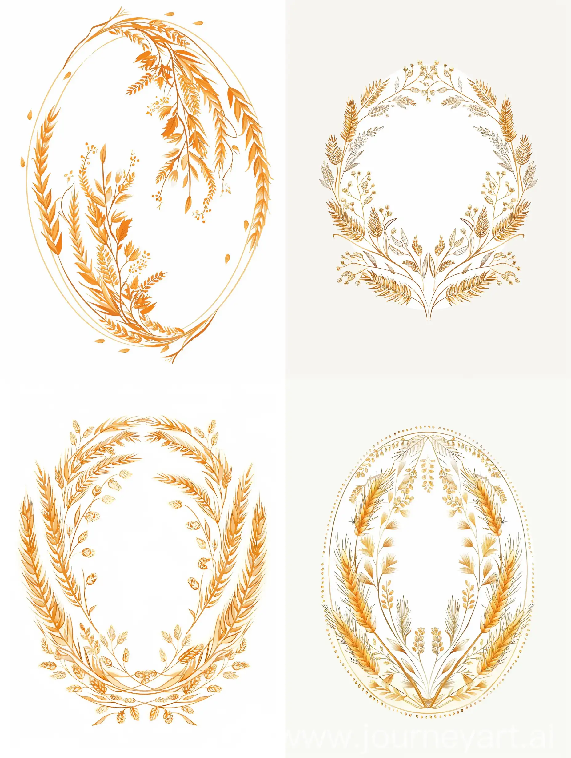 Delicate ornament along the contour of an oval made of translucent small wheat leaves and wheat ears, on a white background, flat illustration, vintage style, Victorian style