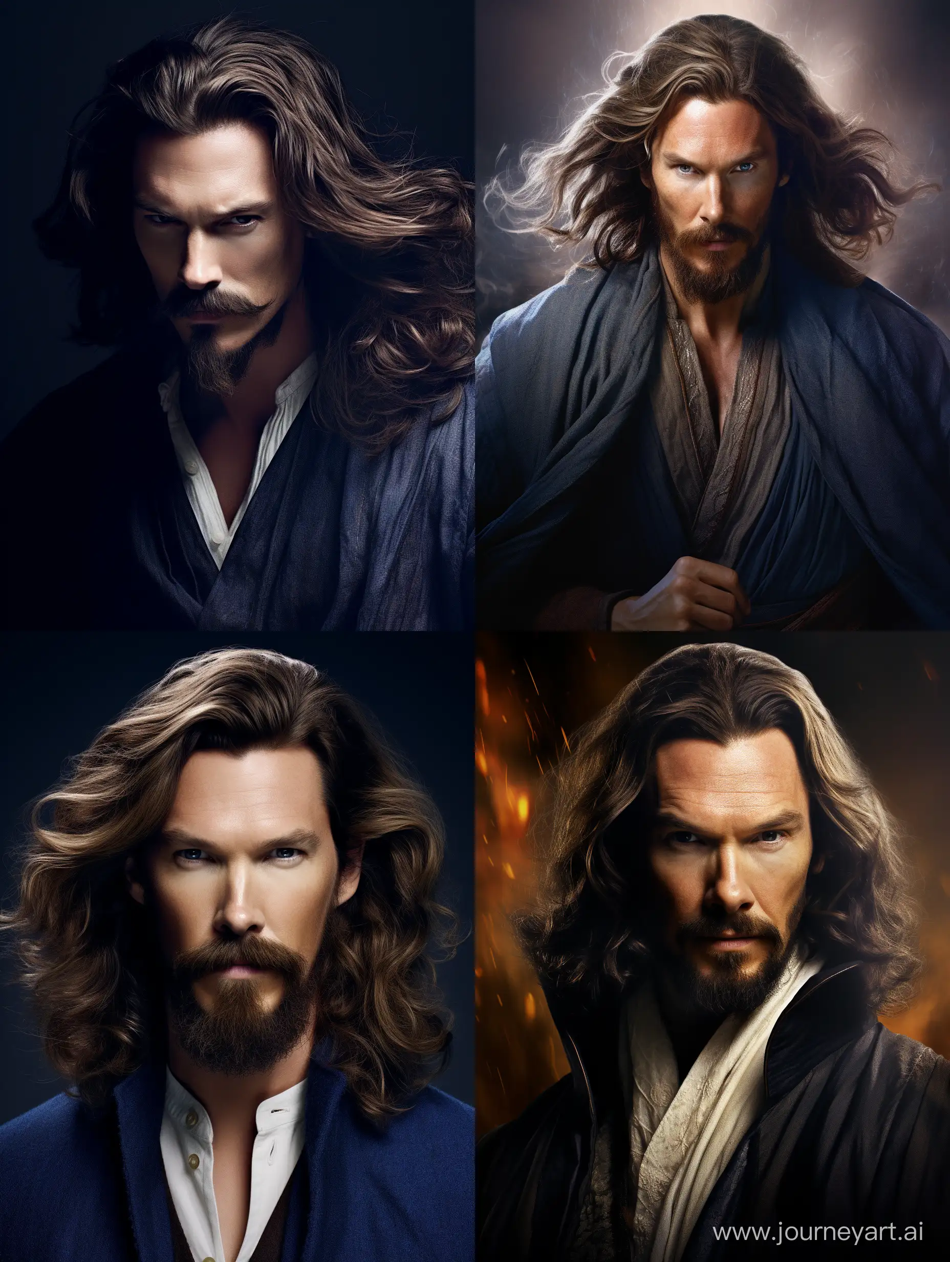 A realistic picture of Benedict Cumberbatch dressed as Doctor Strange, long wavy hair and goatee beard