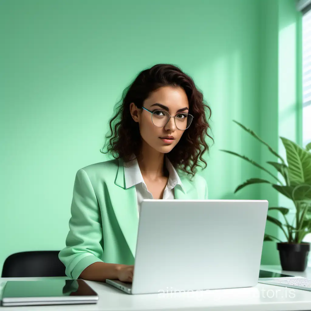 a realistic image of a woman using laptop in an office, with minimal elements and light green mint green elements and walls. The girl looks confident and relaxed, looking at the laptop screen