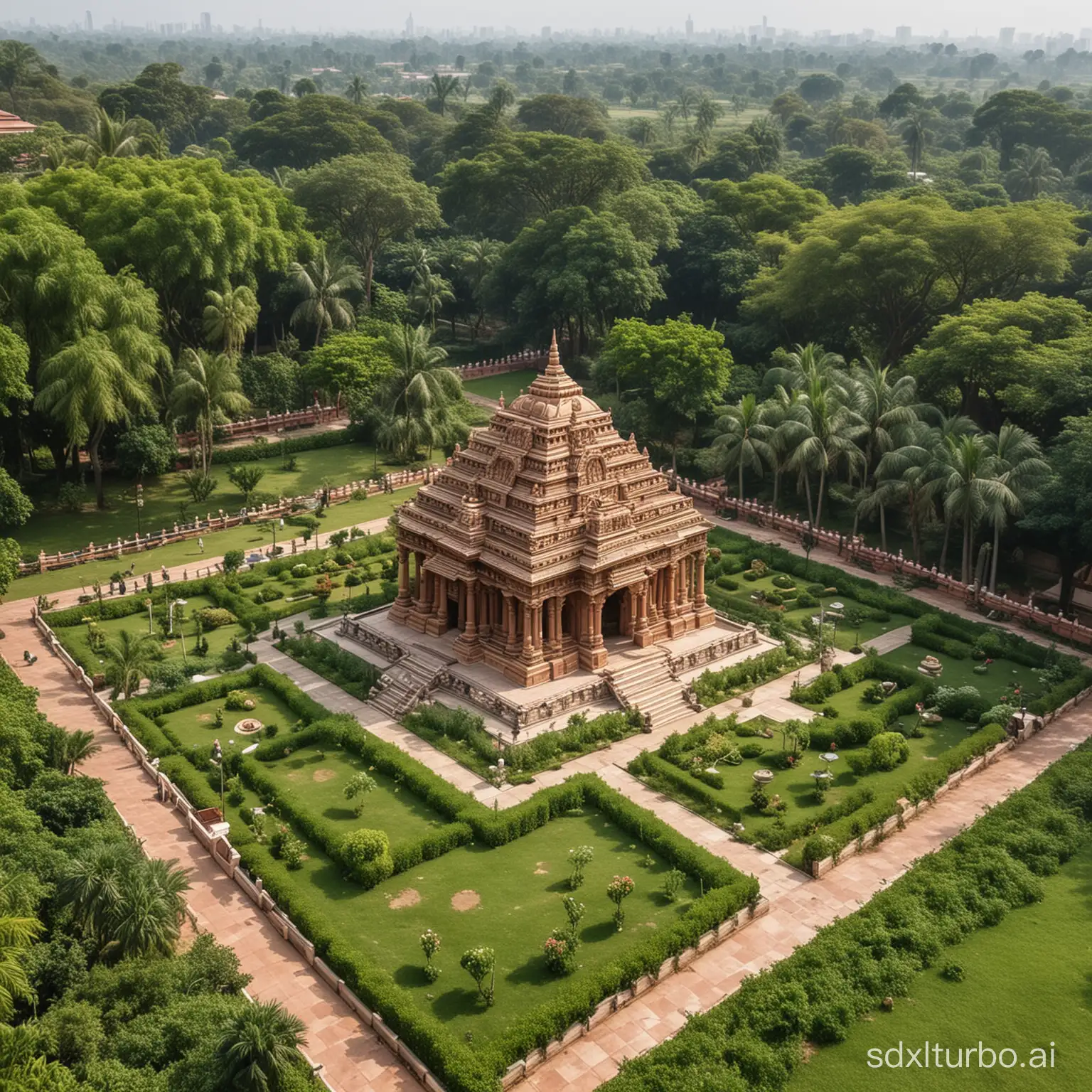big garden with small indian temple inside it