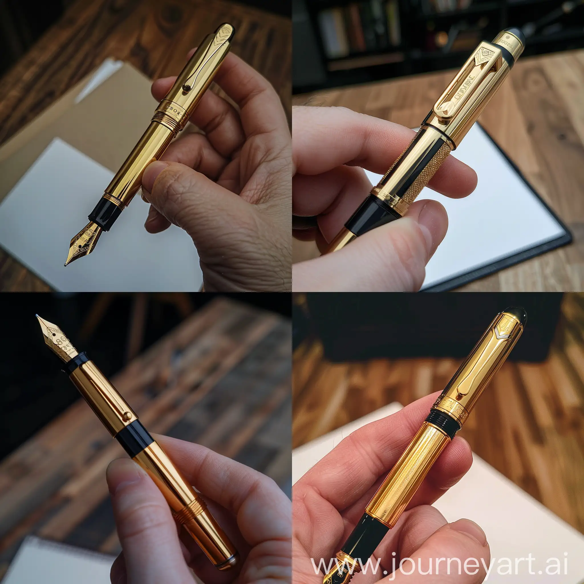 CloseUp-of-Hand-Holding-Gold-Fountain-Pen-on-Table-at-Night