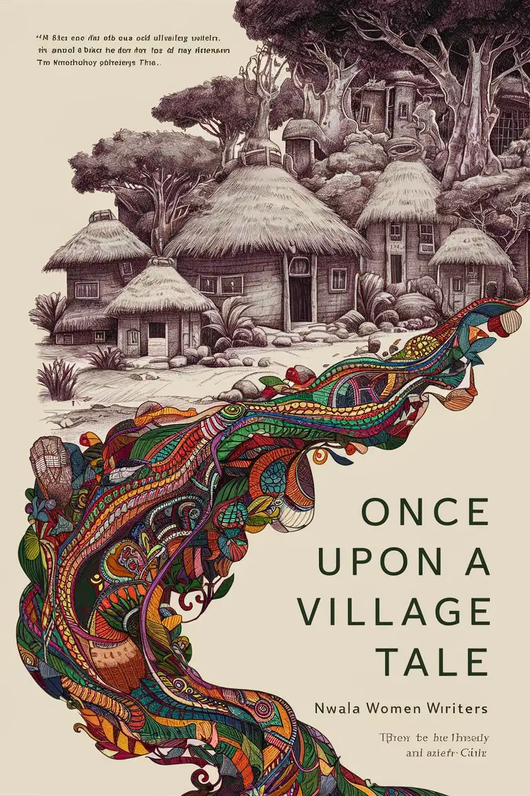 book cover, African mythology and folklore, showcasing pencil drawing of african village infused with mythology at the bottom of the cover, traditional patterns, and symbolic elements Flowing out of the bottom rising to the top in full colour. Title 'Once Upon A Village Tale' Author "Nwala Women Writers"